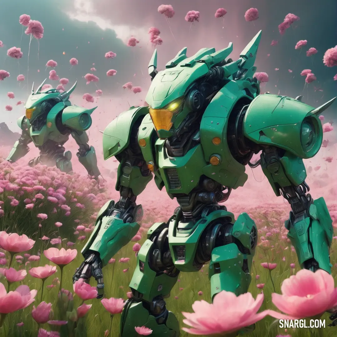 Robot that is standing in the grass with flowers in the background. Example of CMYK 97,13,78,16 color.