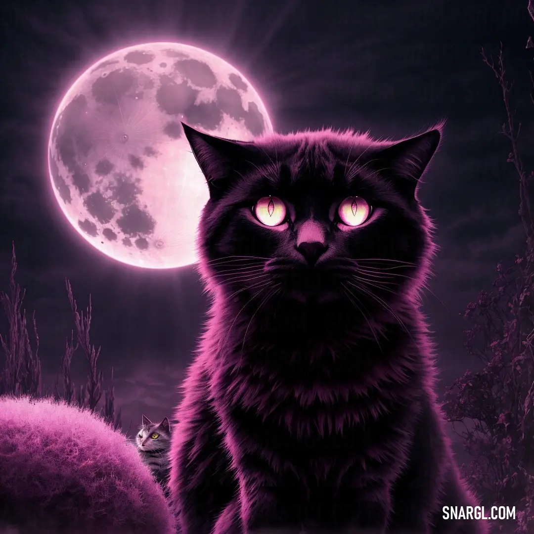 Black cat in front of a full moon with a purple background and a purple sky