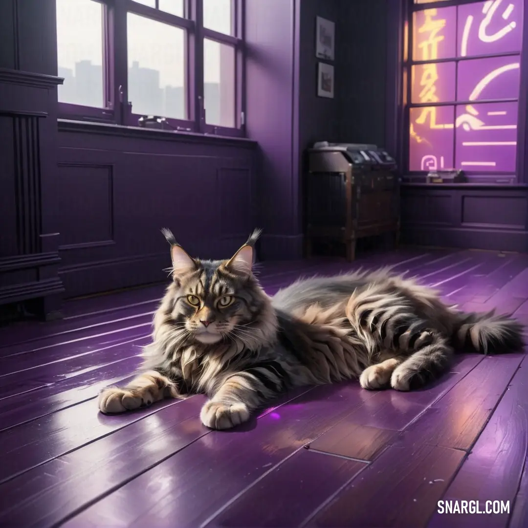 Cat laying on a purple floor in a room with a purple wall and a purple light coming through the window