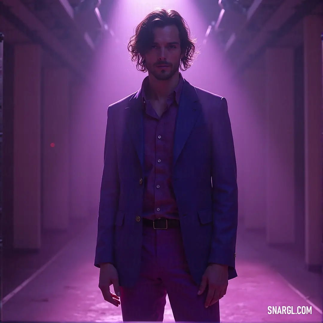 A distinguished man in a tailored suit effortlessly stands in a sleek hallway, where a captivating purple light casts a dramatic glow behind him. The example of color #81255C enhances the sophisticated atmosphere, radiating elegance and confidence.