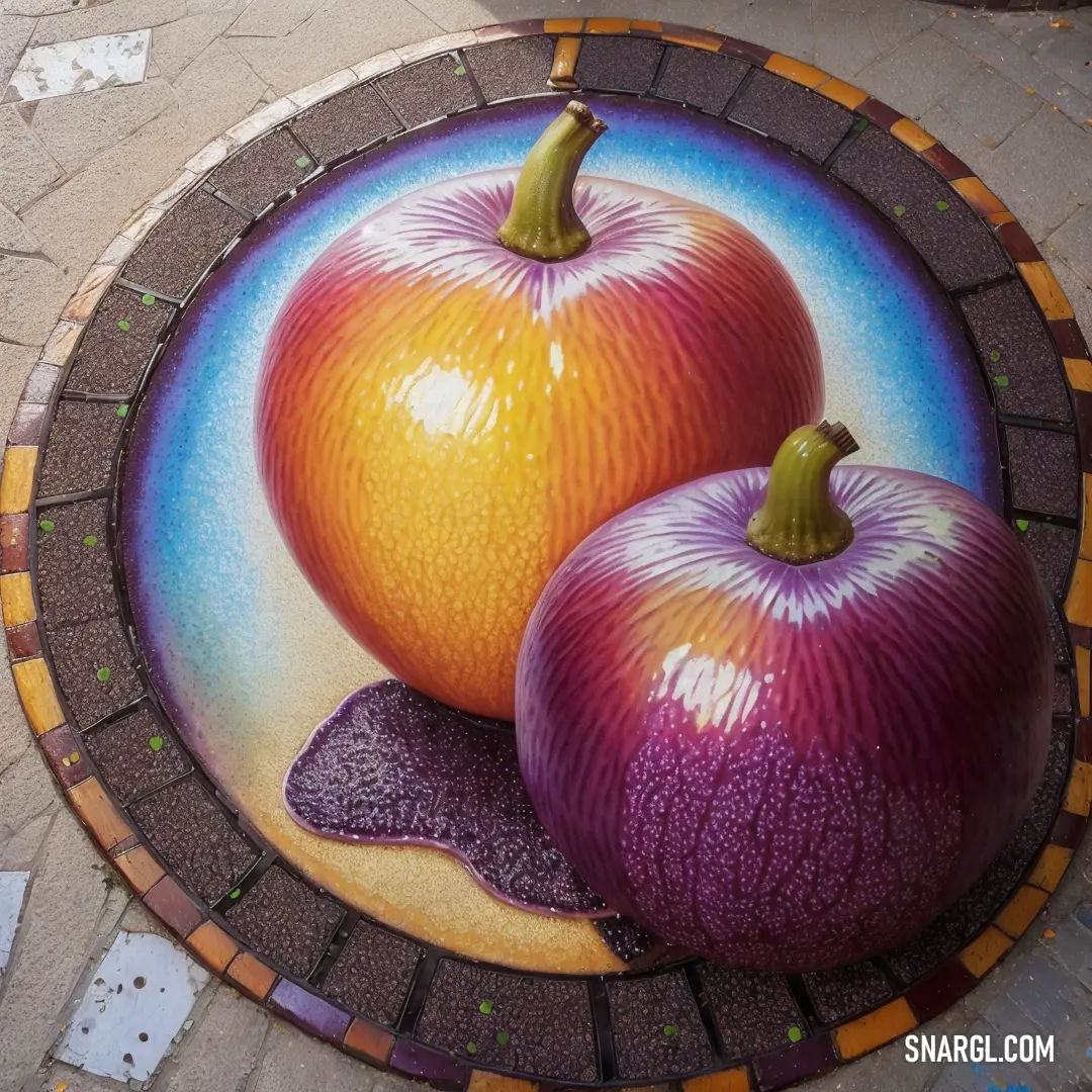 Painting of two apples on a mosaic floor mat on a sidewalk with a brick border around it