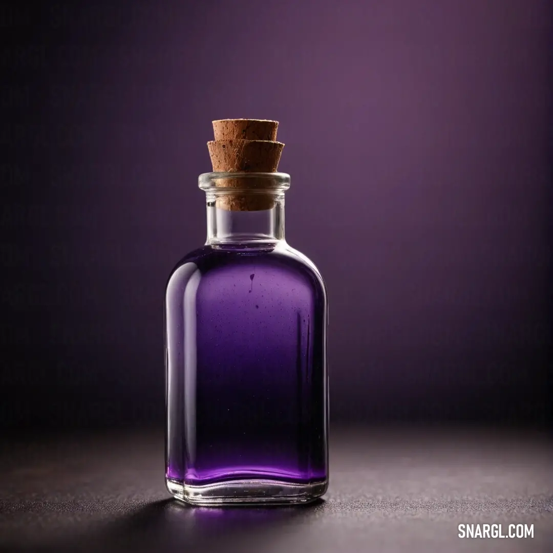 A mesmerizing bottle filled with rich purple liquid, topped with a cork and set brilliantly on a table, against a backdrop embodying the magical tones of PANTONE 242.