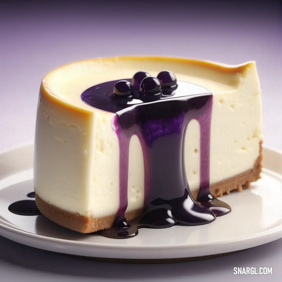 A delicious cheesecake adorned with fresh blueberries sits on a plate, surrounded by the rich purple background of color #81255C, enhancing the dessert's visual appeal and creating a cozy atmosphere.