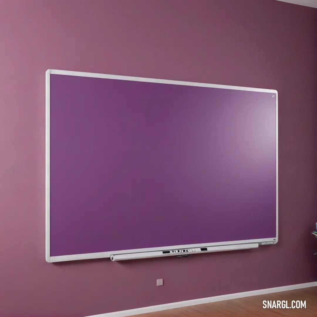 A sleek flat-screen TV is mounted on a purple wall, surrounded by an inviting wooden floor and a stylish vase filled with flowers. The rich PANTONE 242 color creates a modern and cozy atmosphere in the room.