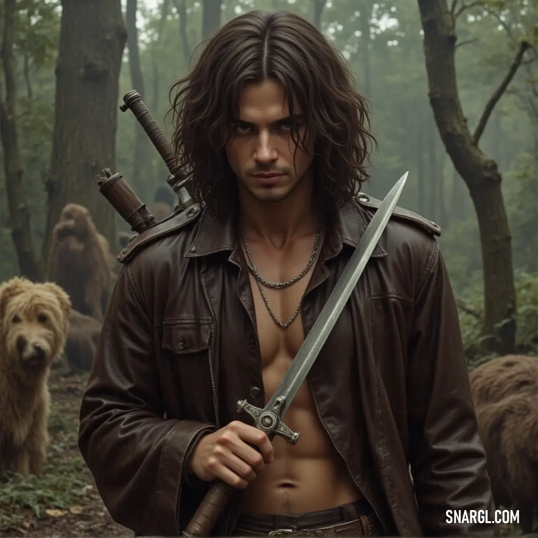 A heroic figure wielding a sword stands in a forest, accompanied by a loyal dog and a mysterious bear, embodying adventure and camaraderie among nature.