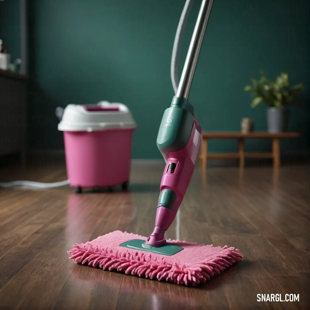 A vibrant pink mop rests on the floor, complemented by a matching pink duster lying beside it. This captivating arrangement showcases the cheerful and energizing PANTONE 242 color, perfect for brightening any cleaning corner.