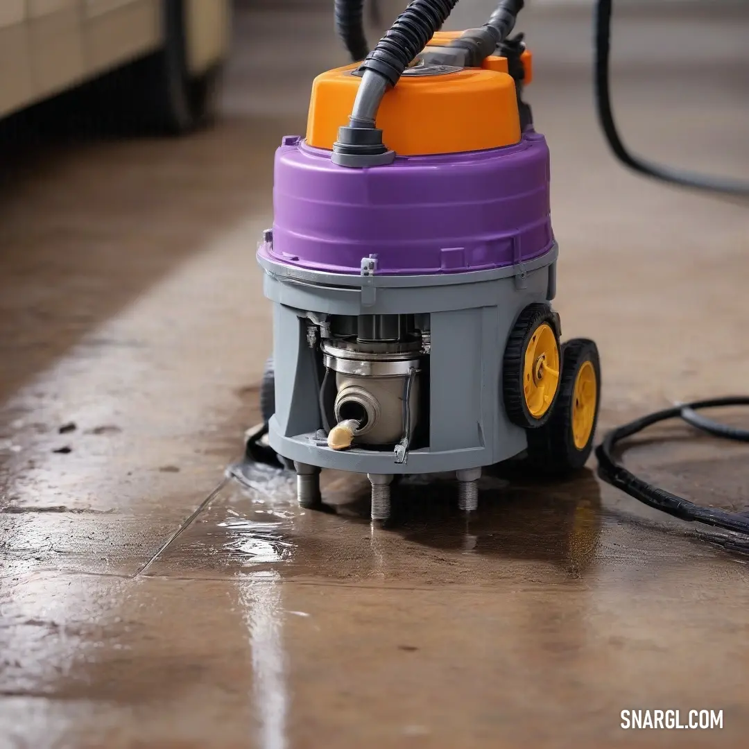 A colorful vacuum cleaner in purple and orange is positioned on the floor, with hoses attached both to its head and top, creating an interesting and functional setup that makes cleaning look fun and vibrant.