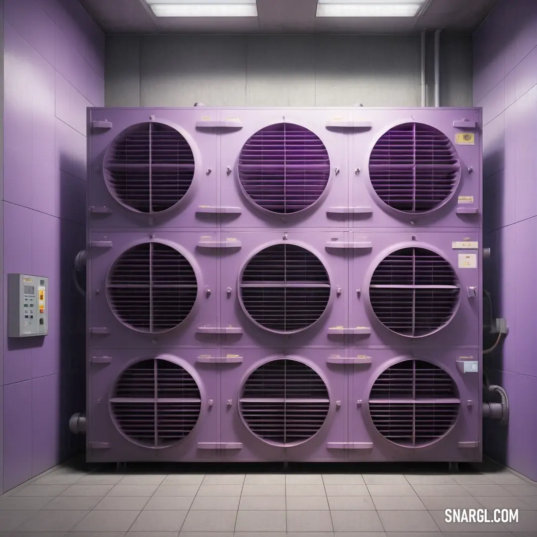 A picturesque purple room filled with stylish air conditioners, featuring a sleek tile floor that complements the room's vibrant color scheme, creating an inviting atmosphere.