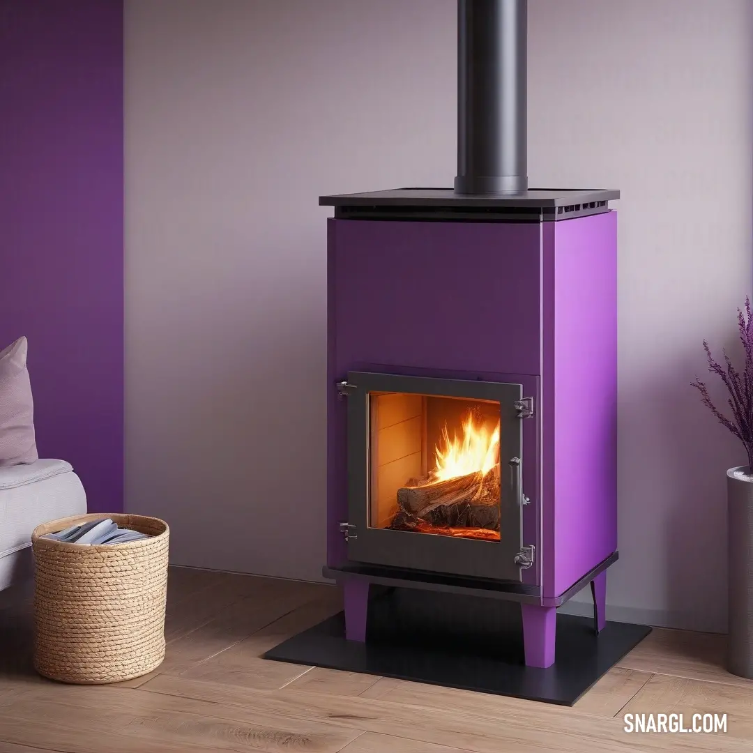 A vibrant purple stove radiates warmth with a flickering flame dancing inside, nestled in a cozy living room adorned with a plush white couch and matching purple walls, creating a welcoming atmosphere filled with character.