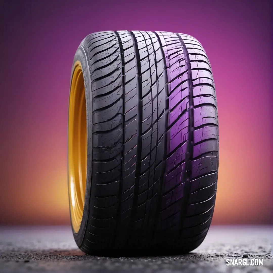 A vibrant tire showcasing a stylish purple and yellow rim resting on a neutral gray surface. The bold color combination adds a playful touch, embodying creativity and uniqueness suited for any dynamic environment.