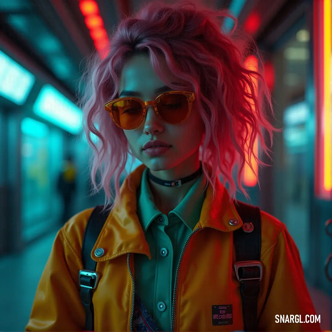 A captivating woman with striking pink hair, confidently wearing stylish sunglasses, stands on a subway platform illuminated by vibrant neon lights during a nighttime setting. The RGB 129,37,92 hues create an electrifying and dynamic urban atmosphere.