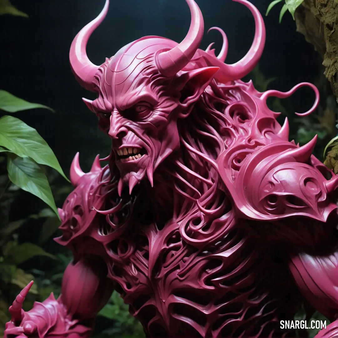 Pink demon statue is in a green forest area with leaves and flowers on the ground and a dark background