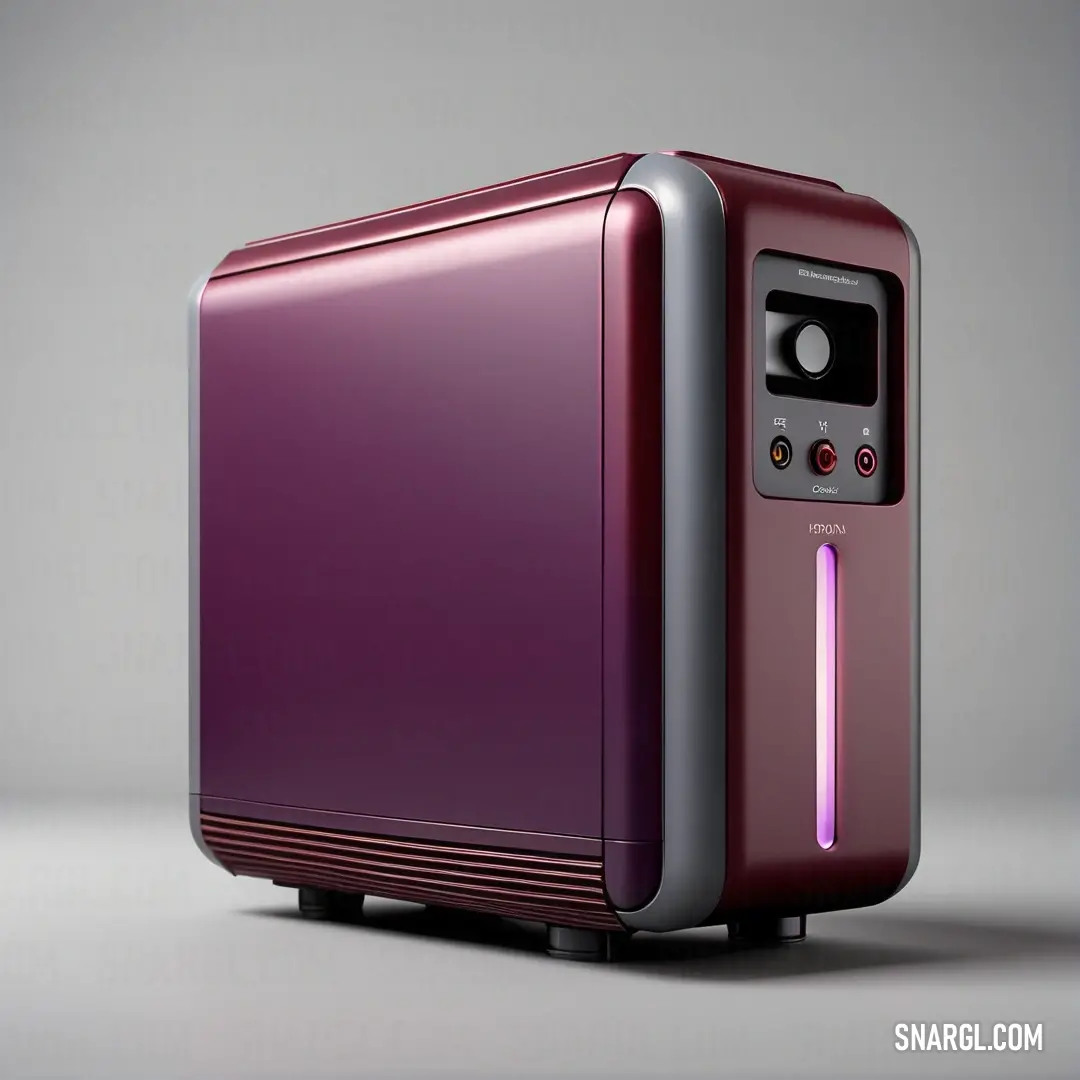 A purple computer case with a glowing light on its side stands out against a black and white background, with the deep color #81255C adding a touch of warmth to the modern technology setup.