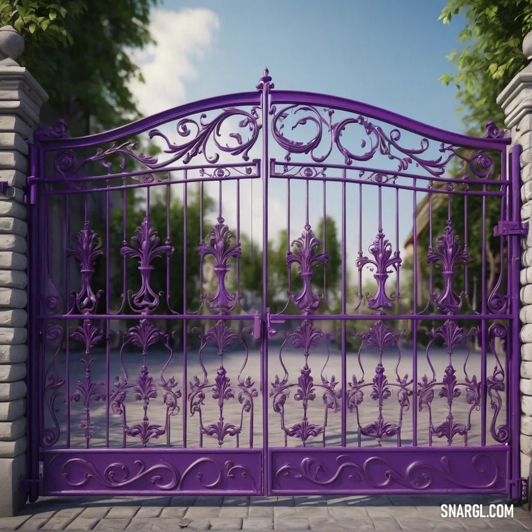 A beautiful purple gate framed by lush greenery, capturing the essence of CMYK color values 32,100,11,41, inviting exploration and a sense of wonder in the surrounding landscape.