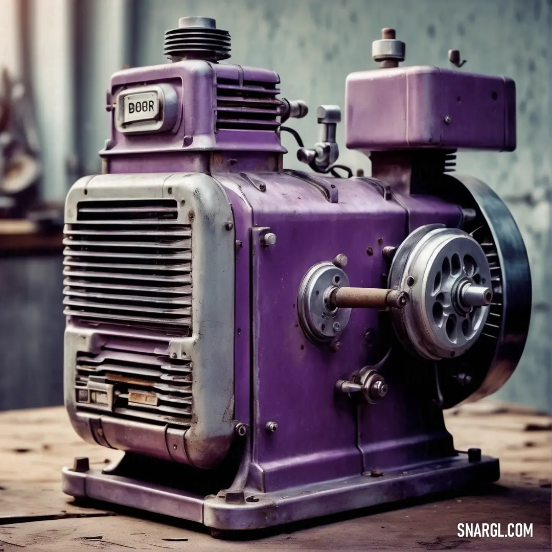 A charming purple machine gracefully perched on a rustic wooden table, basking in the natural light from a nearby wall and window, surrounded by soft drapes that enhance the warm ambiance.