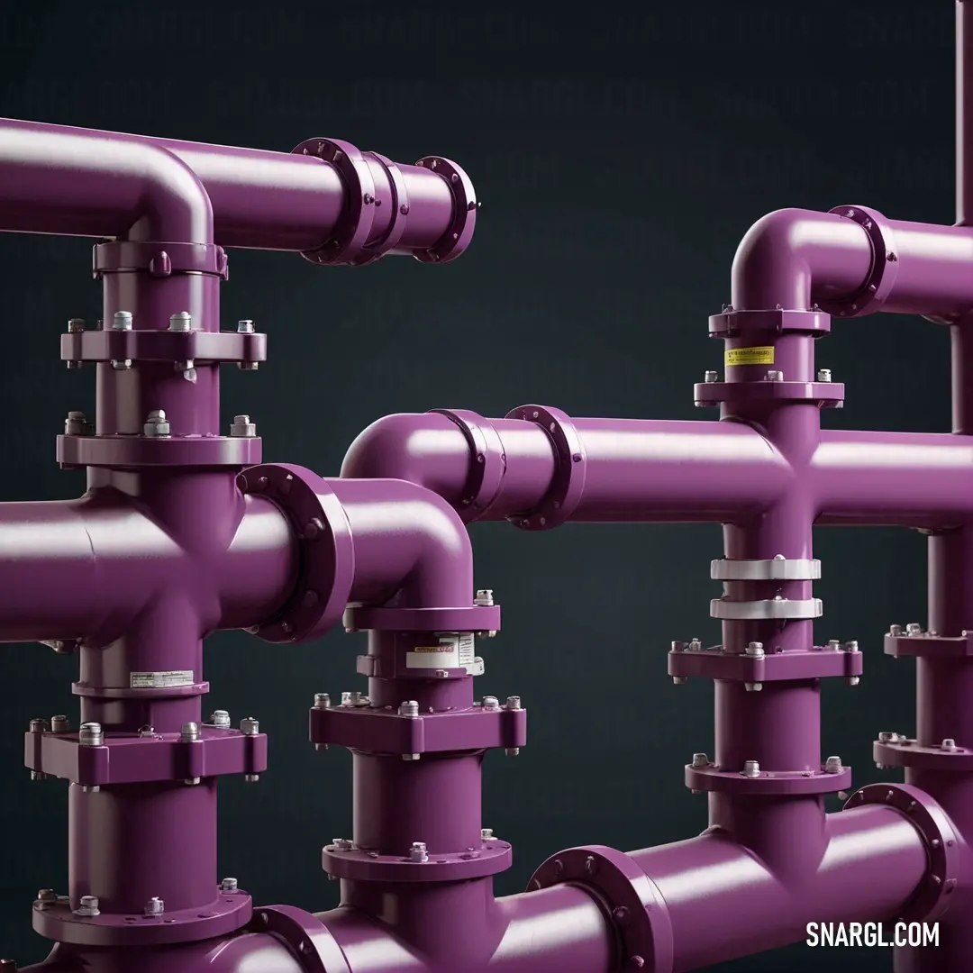 A unique purple pipe system contrasts sharply against a black background, displaying the striking PANTONE 242 color. The pipes' curves and structure create an intriguing industrial aesthetic.