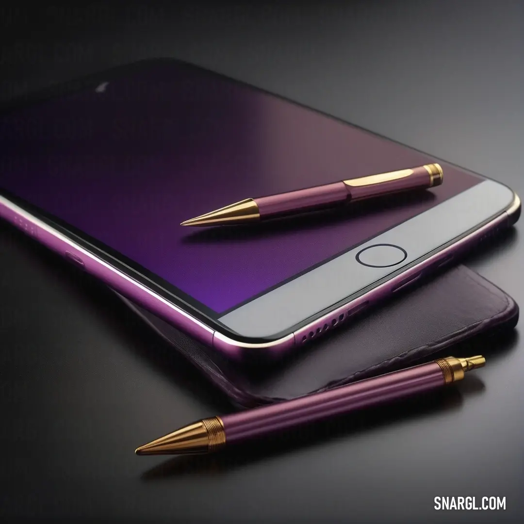 A stunning purple Samsung Note9 resting elegantly atop a sleek gold pen, showcasing a vibrant harmony of color with a close-up hint of the #81255C shade that adds depth to the scene.