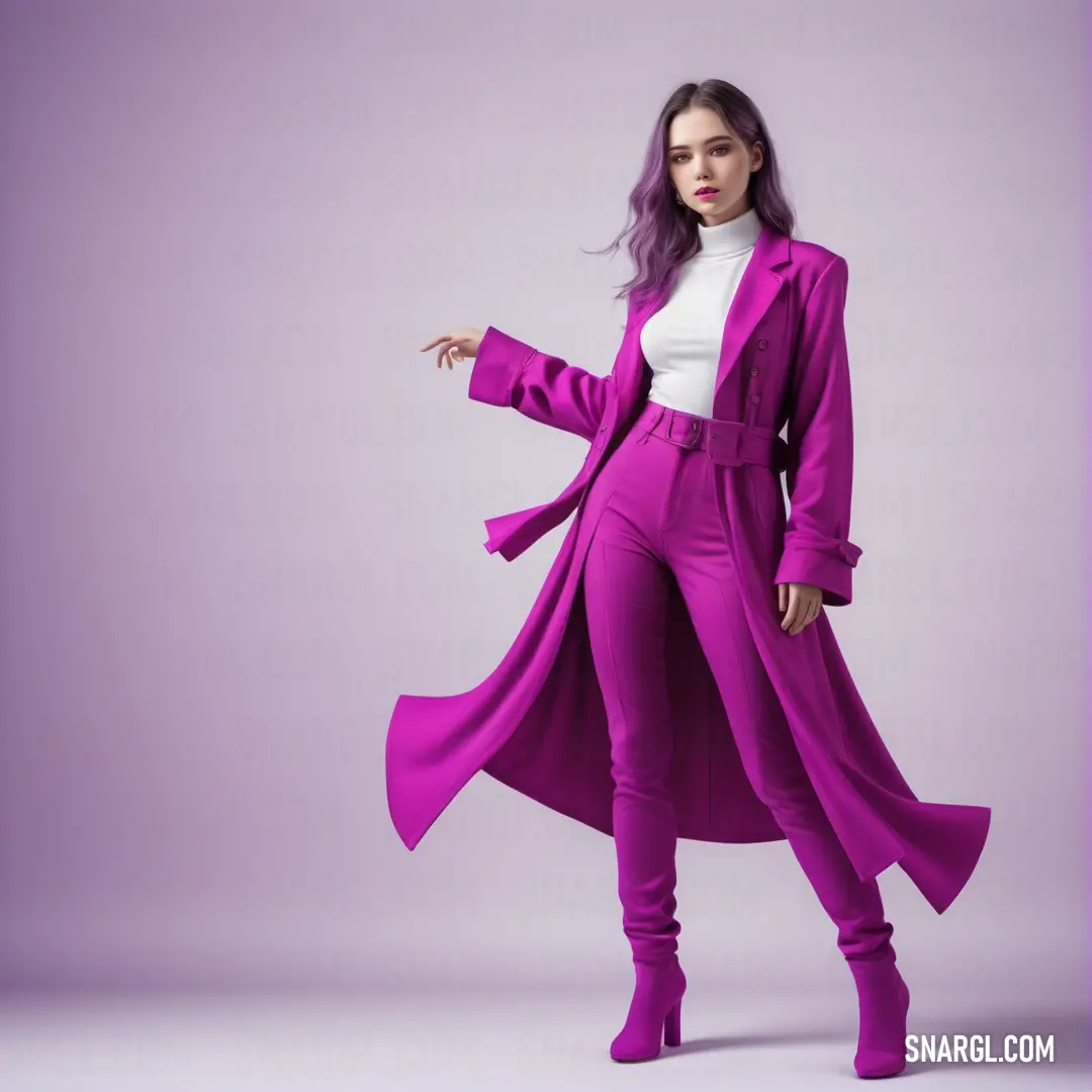 Woman in a purple coat and pants posing for a picture with her hands on her hips