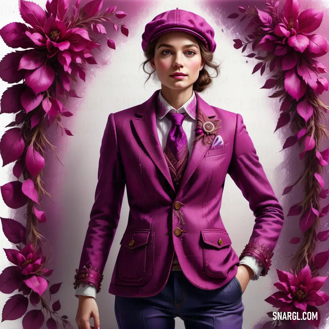 Woman in a purple suit and hat with flowers around her neck and shoulders. Color CMYK 32,100,11,41.