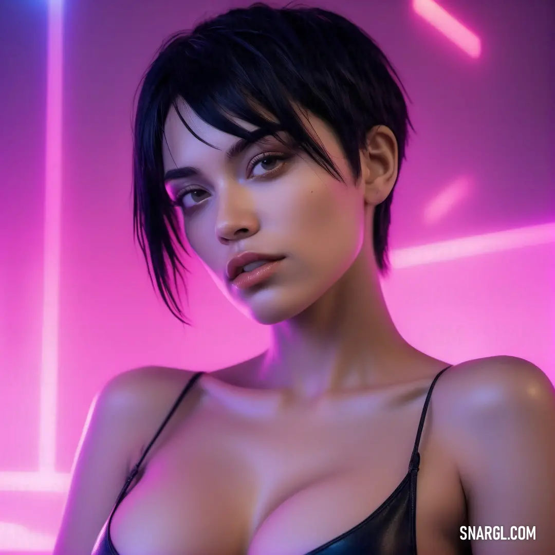 Woman with a very large breast posing for a picture in a neon room with a pink background