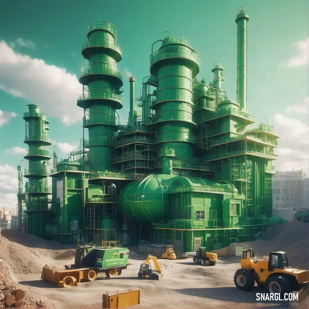 Large green factory with a large truck in front of it. Color RGB 96,176,102.