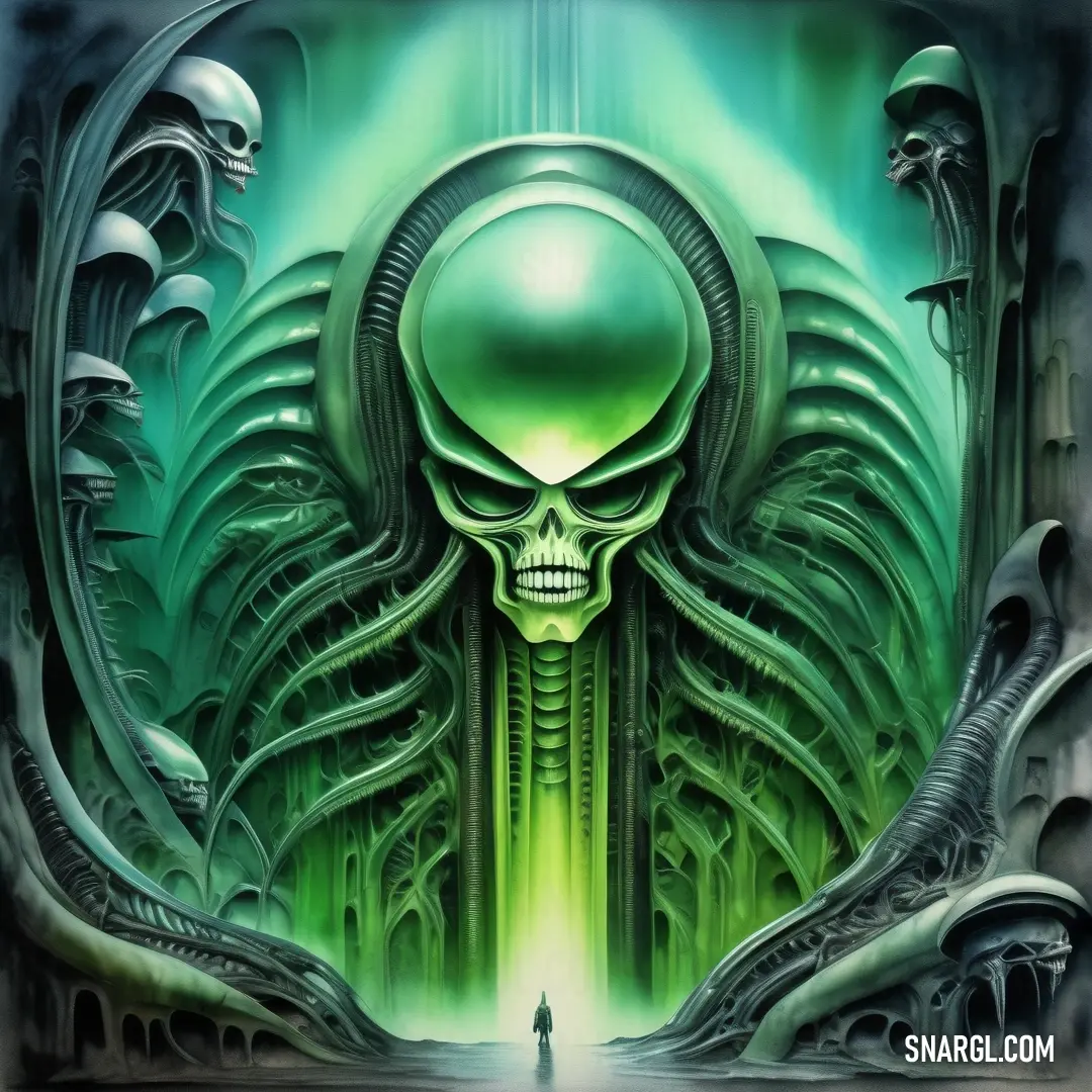Painting of a green alien with a skull in the middle of it's head and a man standing in the middle of the picture