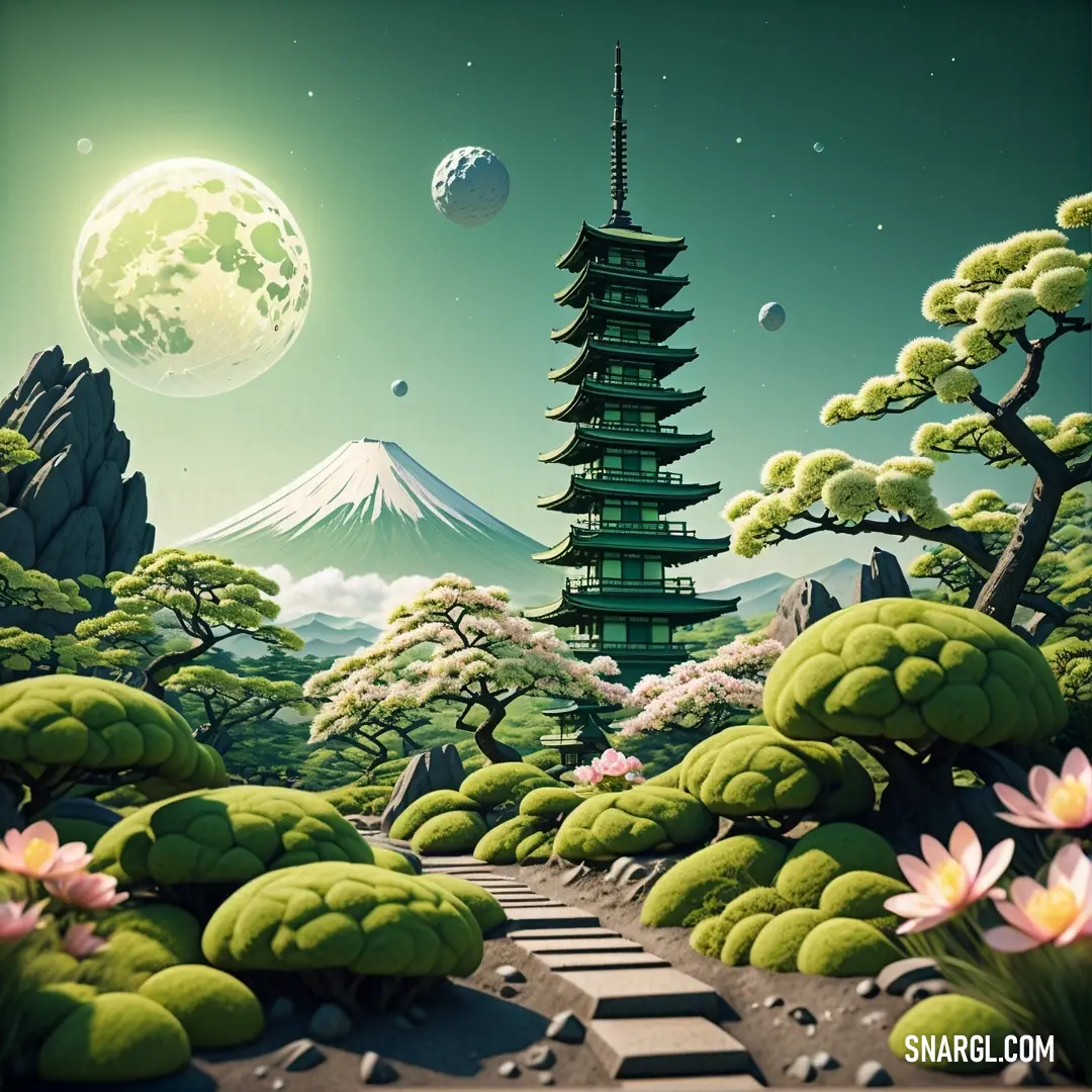 Painting of a pagoda in a forest with a full moon in the background. Color PANTONE 2420.