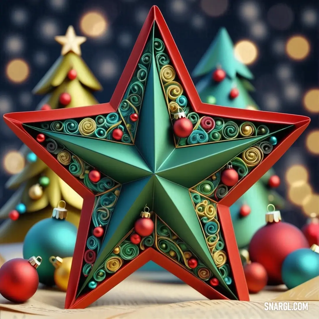 Star with ornaments around it on a table with a christmas tree in the background. Color CMYK 65,0,73,0.