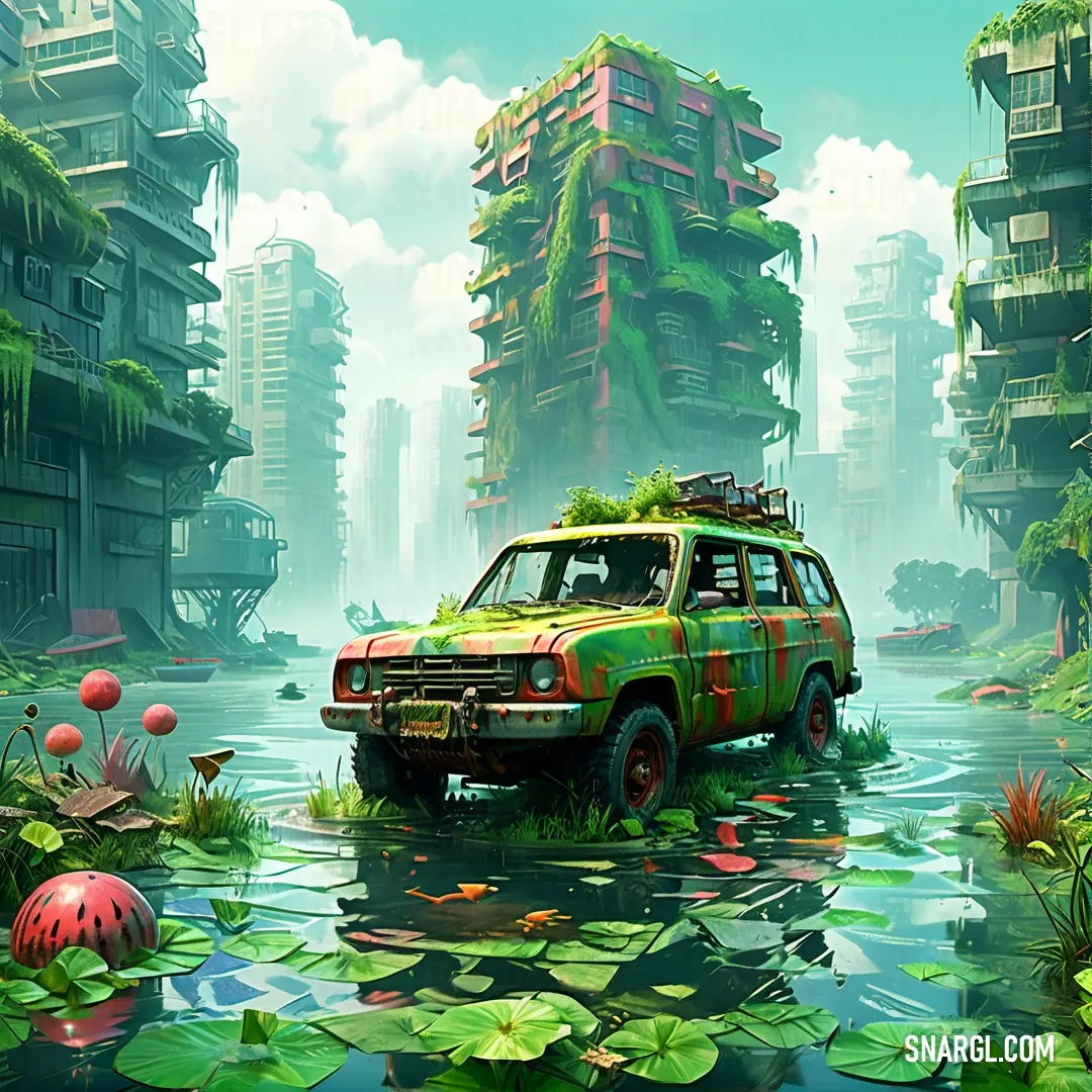 Car is parked in a swampy area with buildings and plants on the sides of it