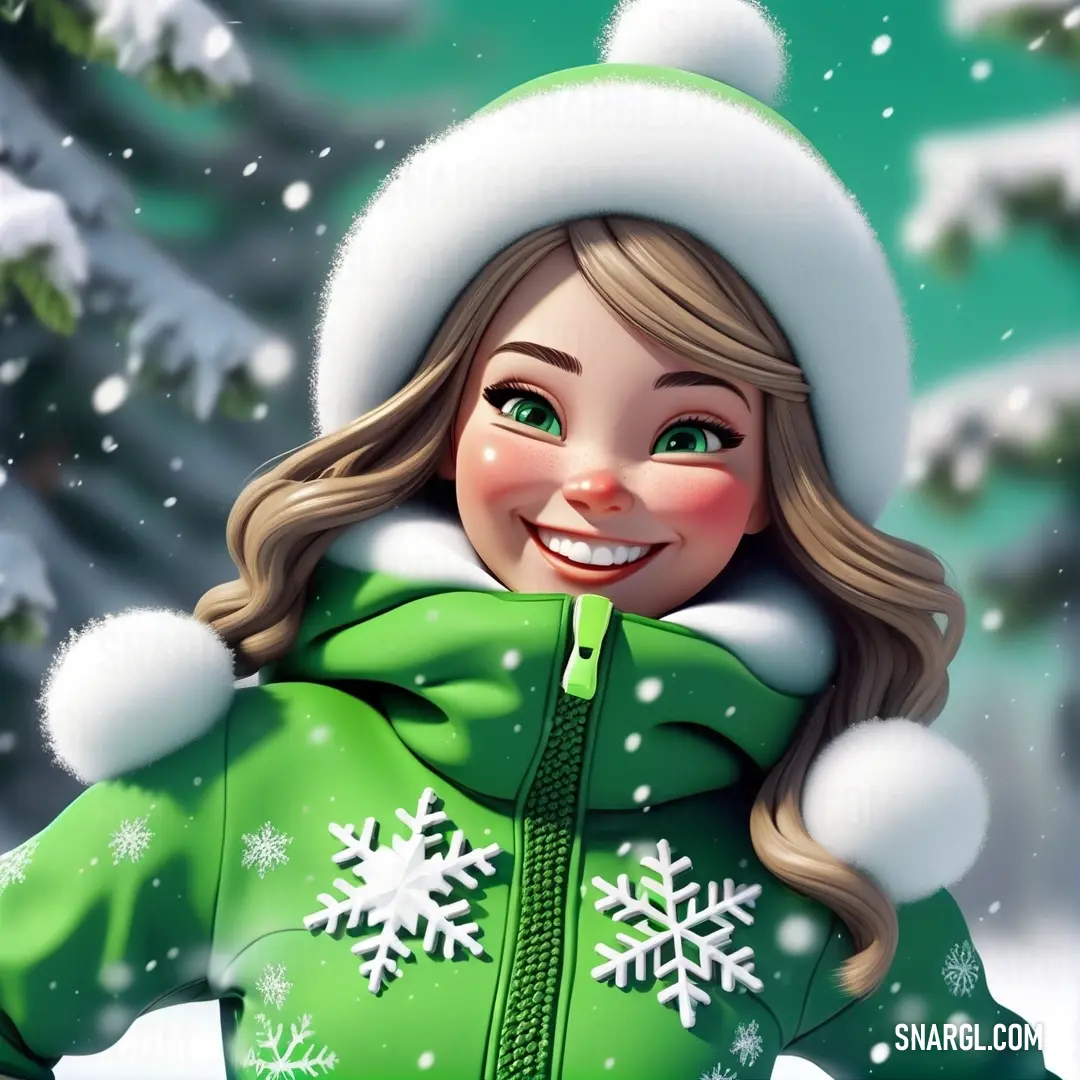 Cartoon girl in a green jacket and hat in the snow with snowflakes on her head and a smile on her face. Color #2F9E31.