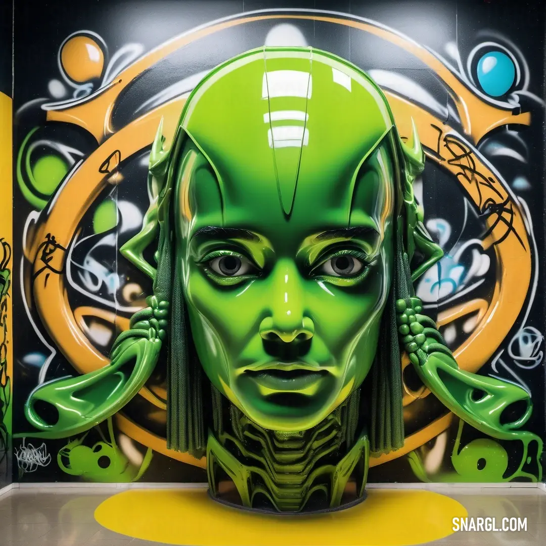 Green alien head is in a bathroom with a yellow floor mat and a black wall with graffiti on it. Example of #2F9E31 color.