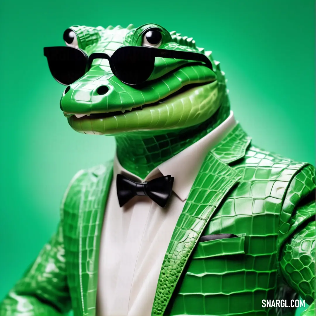 Green alligator wearing a green suit and sunglasses