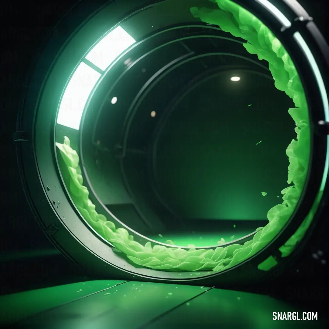 Green light is shining in a dark tunnel with a circular light in the center of it and a green glow in the middle
