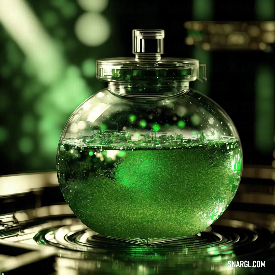 Green liquid in a glass jar on a table top with a green background. Example of PANTONE 2422 color.
