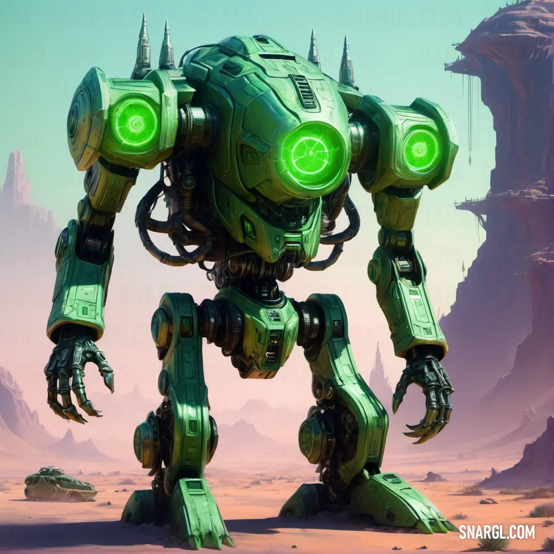 Green robot with glowing eyes standing in a desert area with a mountain in the background. Example of #2F9E31 color.