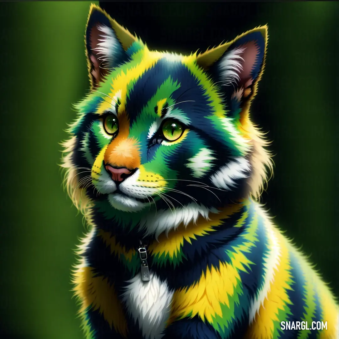 PANTONE 2422 color. Painting of a cat with green, yellow and blue stripes on it's face and chest