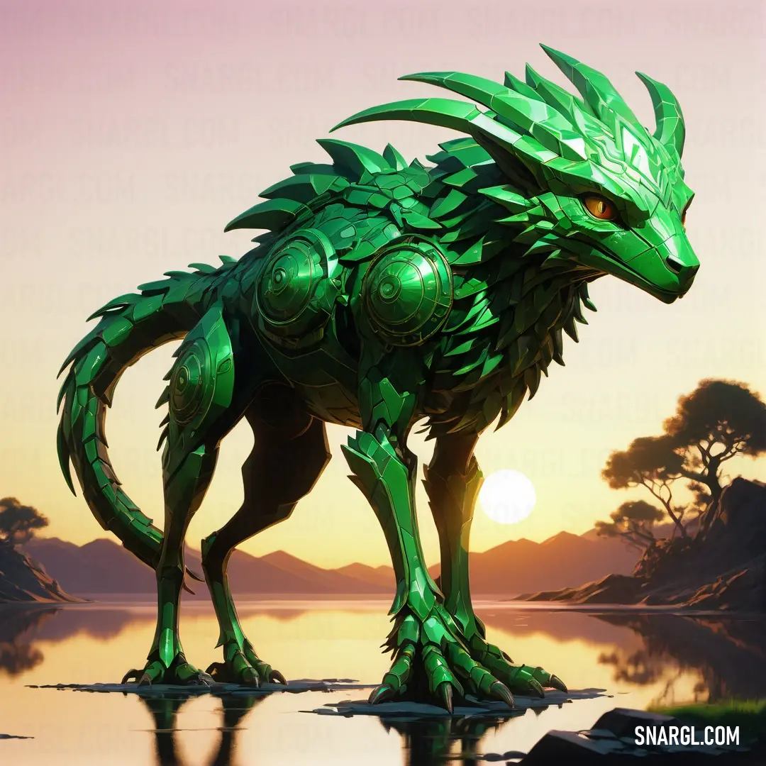 Green creature standing on top of a lake next to a forest at sunset with the sun in the background. Example of RGB 50,158,49 color.
