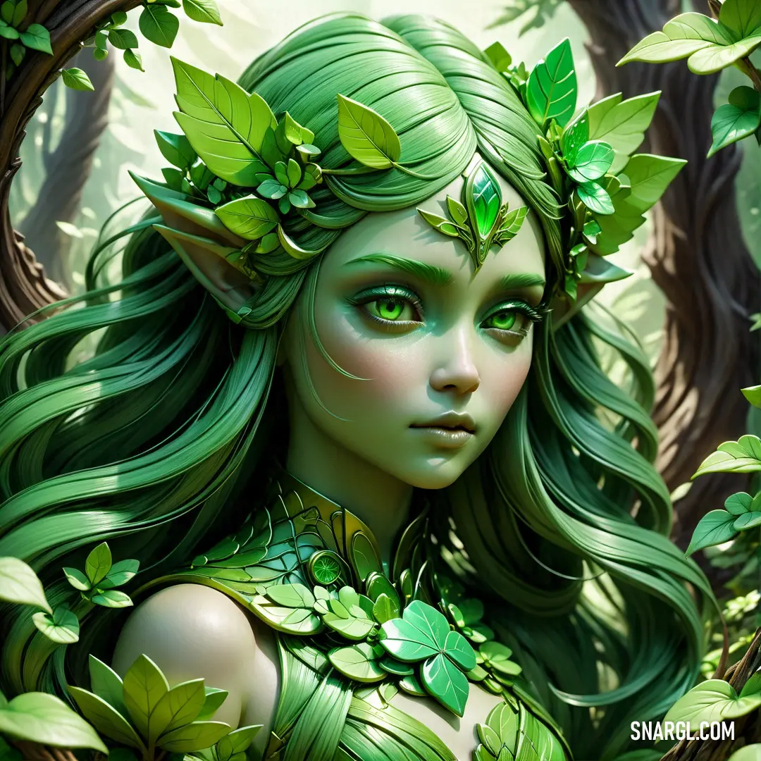 #329E31 color example: Green fairy with long hair and green leaves on her head
