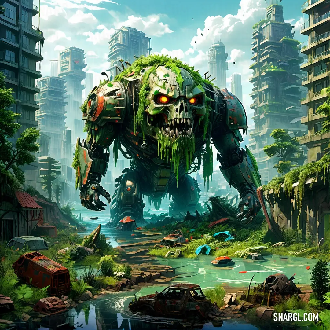 Giant monster with a huge face in a city setting with a river running through it and a lot of buildings in the background