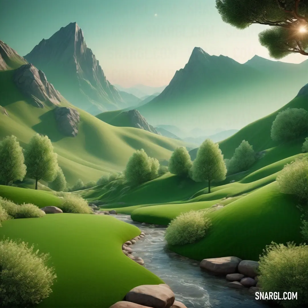 Painting of a green landscape with a stream and mountains in the background. Color CMYK 69,0,98,7.