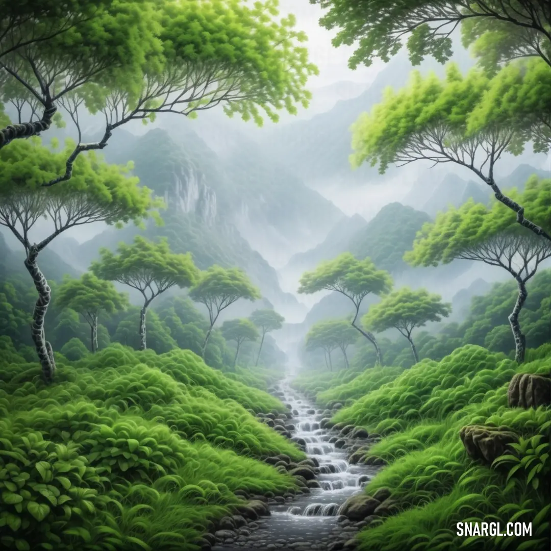 Painting of a stream running through a lush green forest with mountains in the background. Color #4B9A2B.