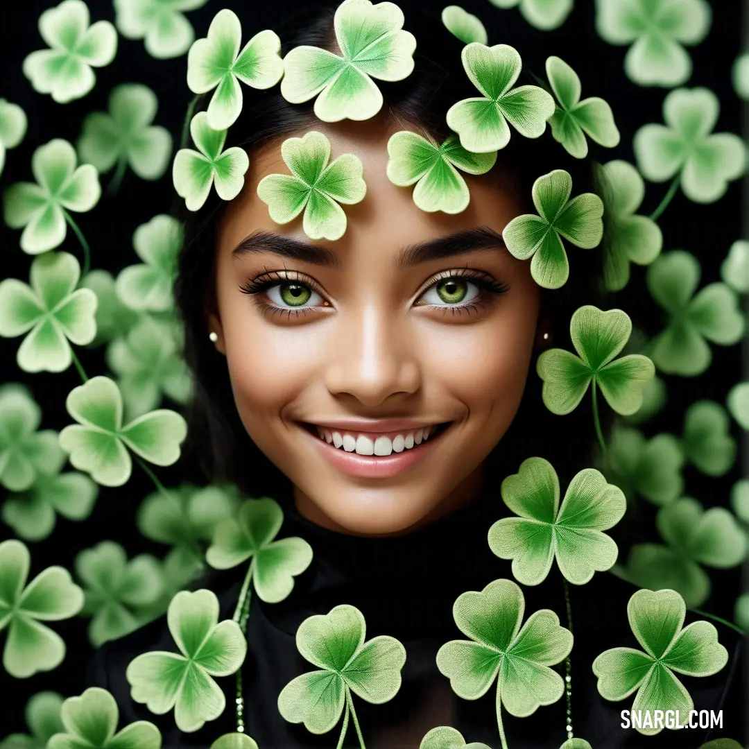 Woman with green shamrocks on her head and eyes, smiling for the camera, with a black background. Example of CMYK 69,0,98,7 color.