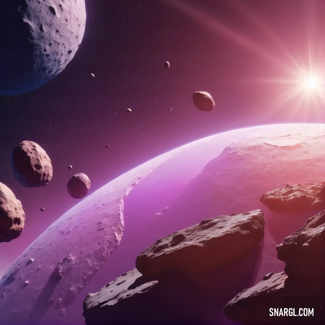 PANTONE 2425 color example: Group of rocks and planets in a space scene with the sun shining brightly over them and a distant star