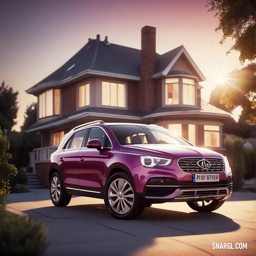 Pink suv parked in front of a house at sunset with the sun shining on the house behind it. Example of #8A2666 color.