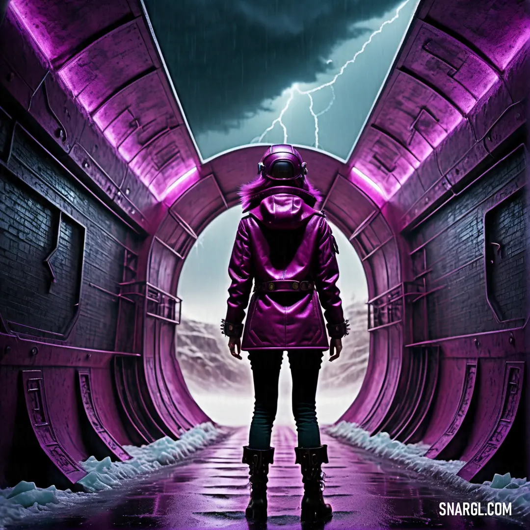 Woman in a purple jacket is standing in a tunnel with a lightning in the background. Color RGB 138,38,102.