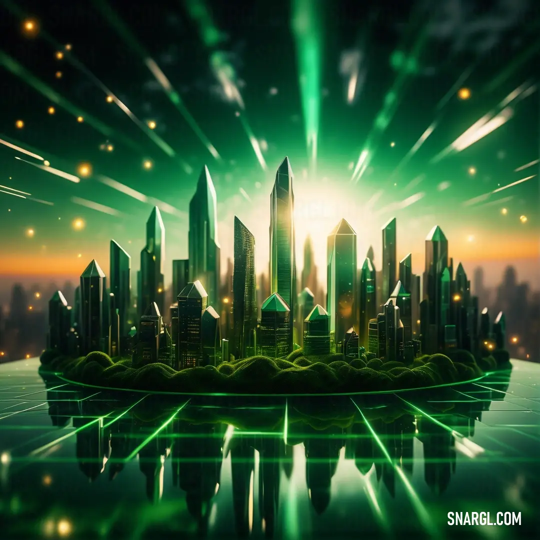 Futuristic city with a green glow and a green glow on the top of it. Example of RGB 7,87,30 color.