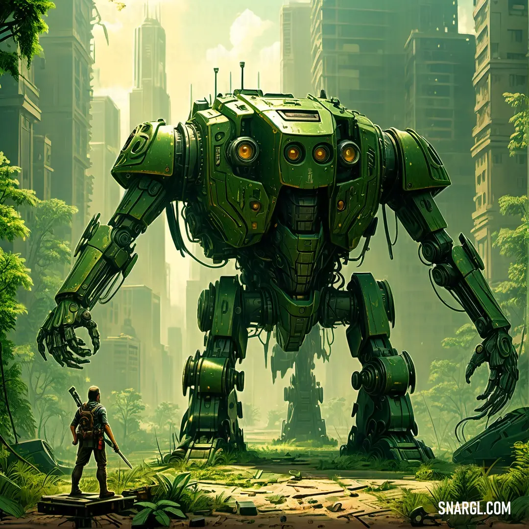PANTONE 2427 color. Giant robot standing in a forest with a man standing next to it in front of a cityscape