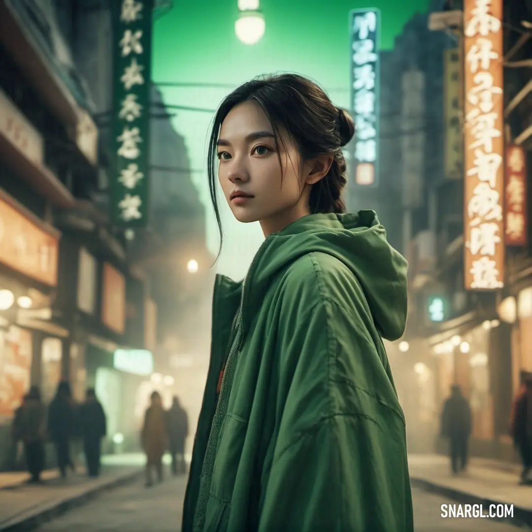 Woman in a green jacket standing on a street corner at night with a green light in the background. Color PANTONE 2427.