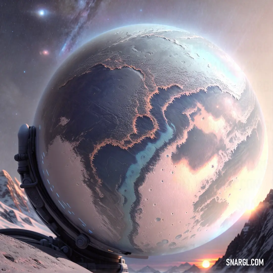 Computer generated image of a planet in space with mountains and stars in the background