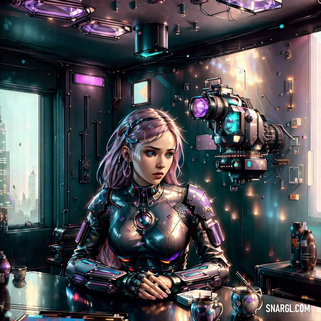 Woman in a futuristic suit at a table with a camera in her hand and a camera in the background. Example of CMYK 4,32,0,0 color.